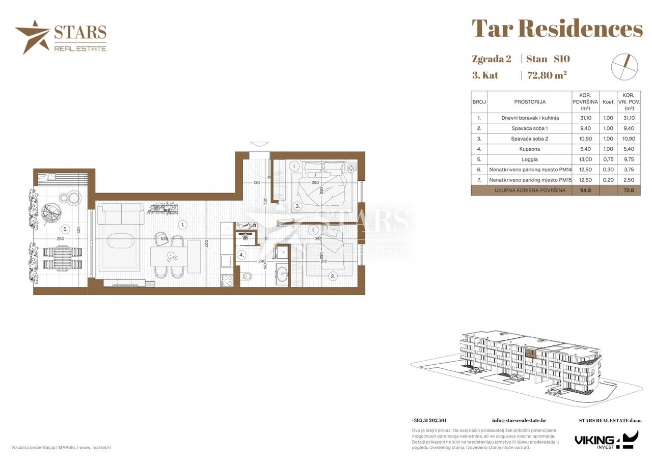 Wohnung u Tar-Vabrizi, 72.8m², 2 sobe